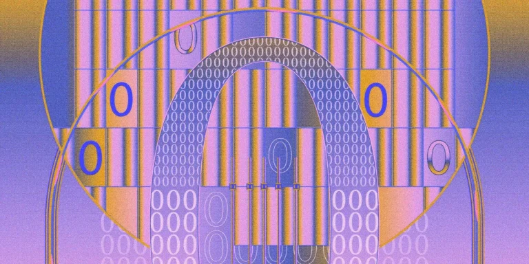 abstract gradient artwork of a stylized robot head with circuits and binary code patterns