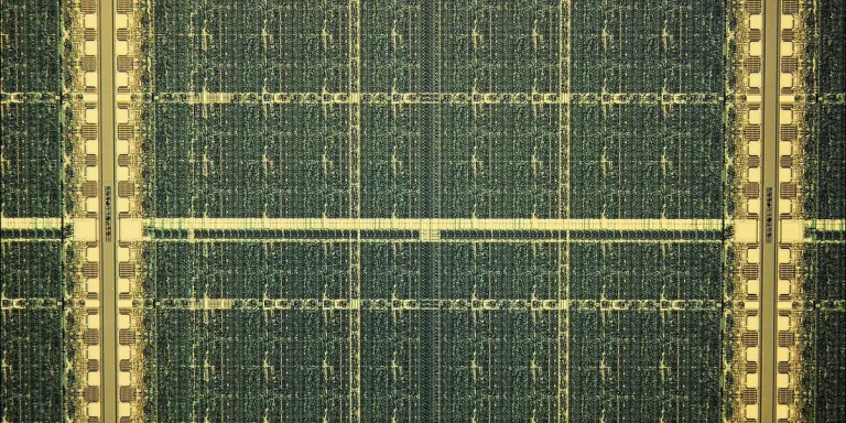 die photo of an integrated circuit with an 8 by 8 array