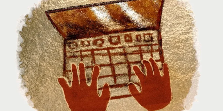 illustration of hands typing on a laptop keyboard in warm earthy tones